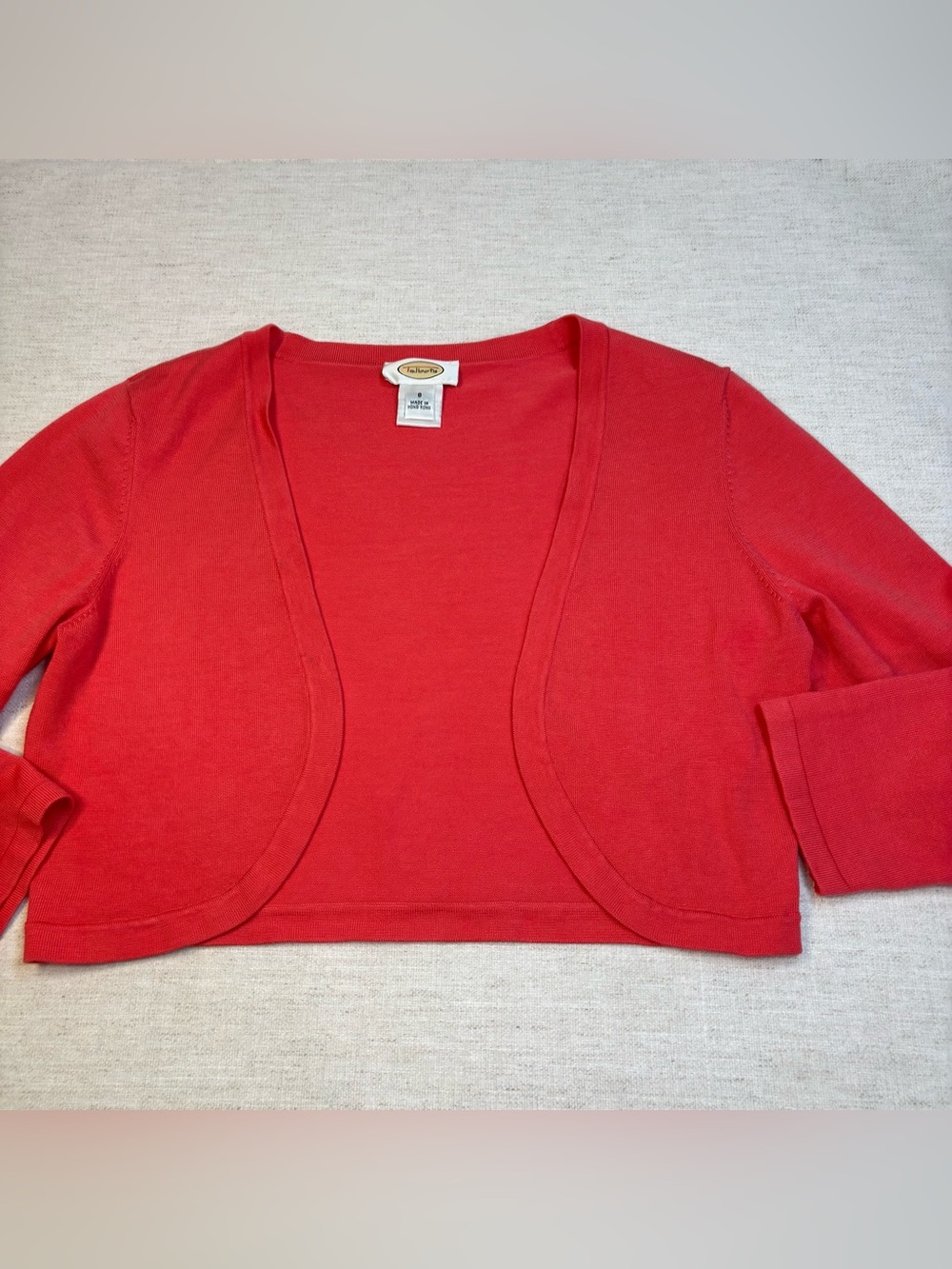Talbots women size 8 Coral-Red Cropped Open-Front Cardigan silk blend shrug